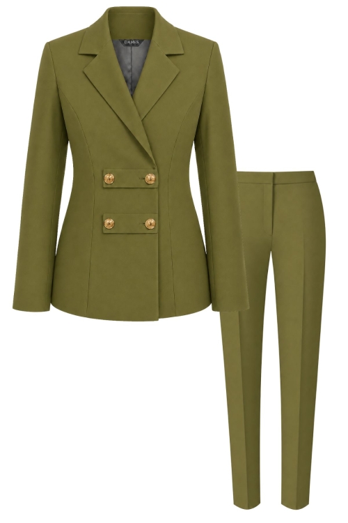 Costum elegant verde oliva cu sacou military si pantaloni conici