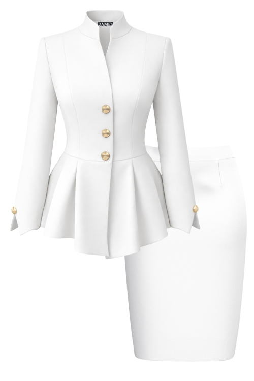 Costum premium fusta alba si sacou alb cu maneca despicata