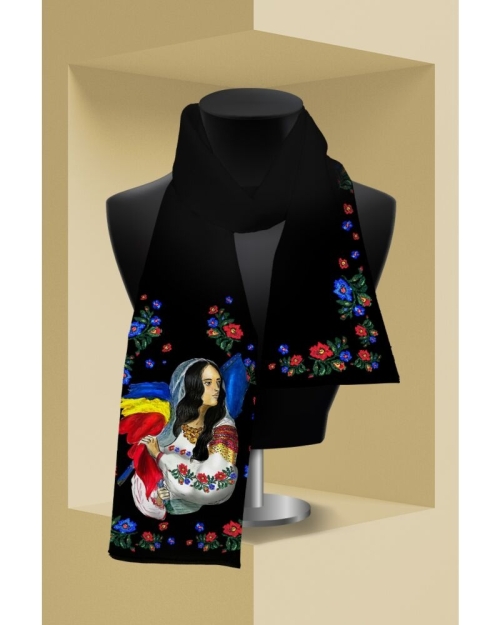 Esarfa neagra subtire imprimata digital Romancuta CMD3766