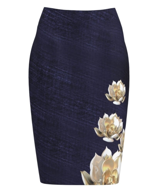 Fusta conica bleumarin imprimata cu model floral CMD1125