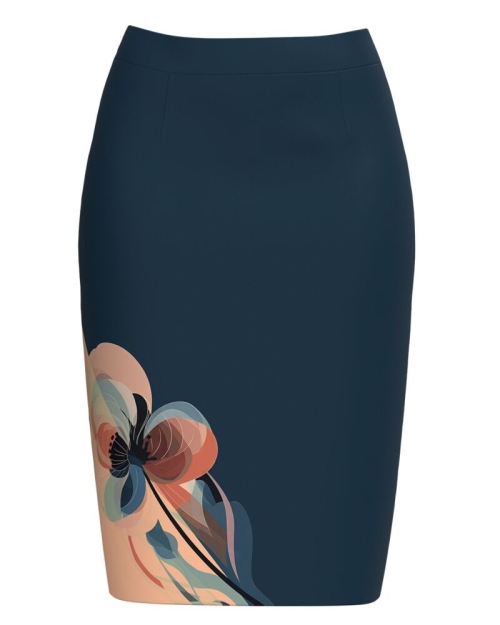 Fusta conica bleumarin imprimata cu model floral Peach Fuzz CMD5035 - Img 1