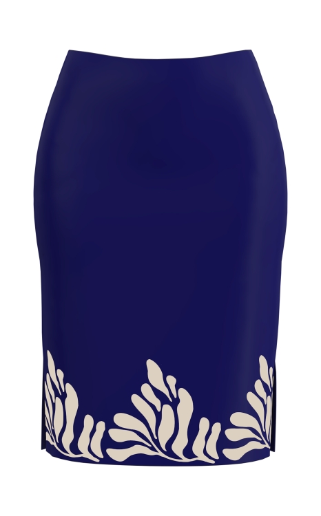 Fusta dreapta bleumarin imprimata floral din velur cu slituri laterale