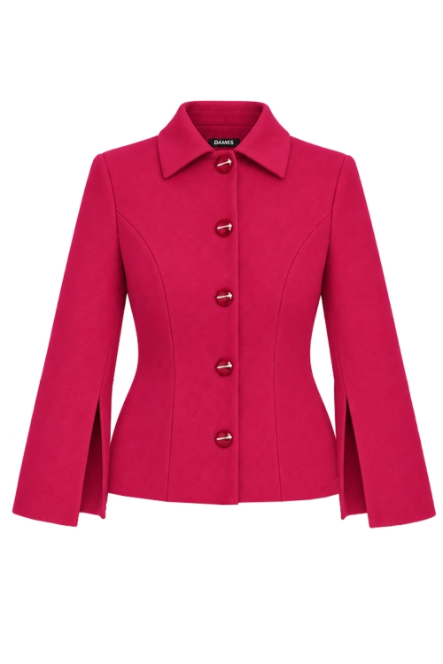 Jacheta dama din stofa groasa fucsia cu maneca clopot despicata