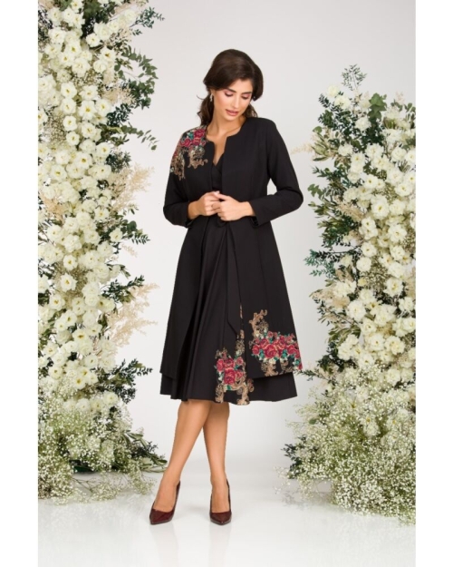 Jacheta de dama lunga neagra imprimata cu model floral CMD1168 - Img 2