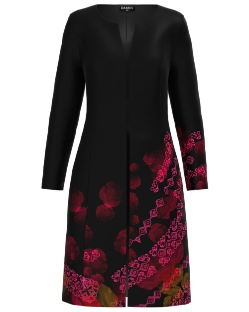 Jacheta de dama neagra lunga imprimata cu model traditional CMD1287