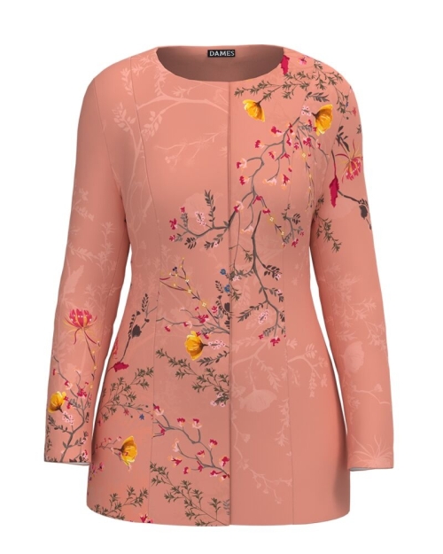 Jacheta de dama roz de lungime medie imprimata cu model floral CMD2316