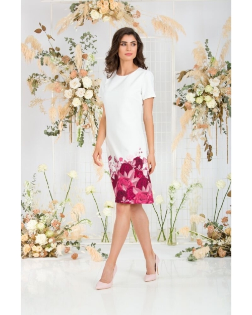 Rochie alba casual cu maneca scurta imprimata Trandafiri CMD743 - Img 5