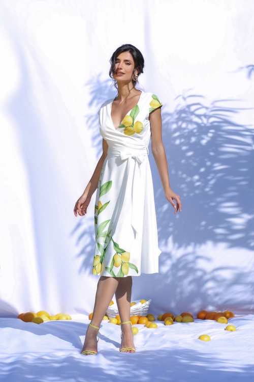 Rochie alba casual de vara cu maneca scurta si imprimeu lamai - Img 1