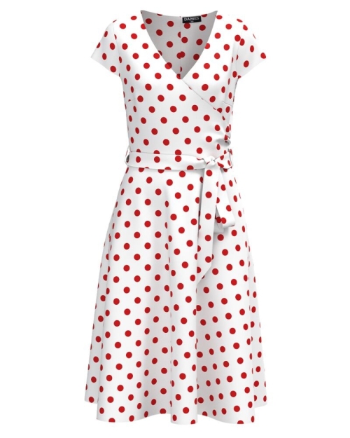 Rochie alba de vara cu maneca scurta imprimata buline rosii