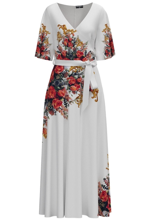 Rochie alba lunga eleganta de seara imprimata cu model floral CMD2591 - Img 2