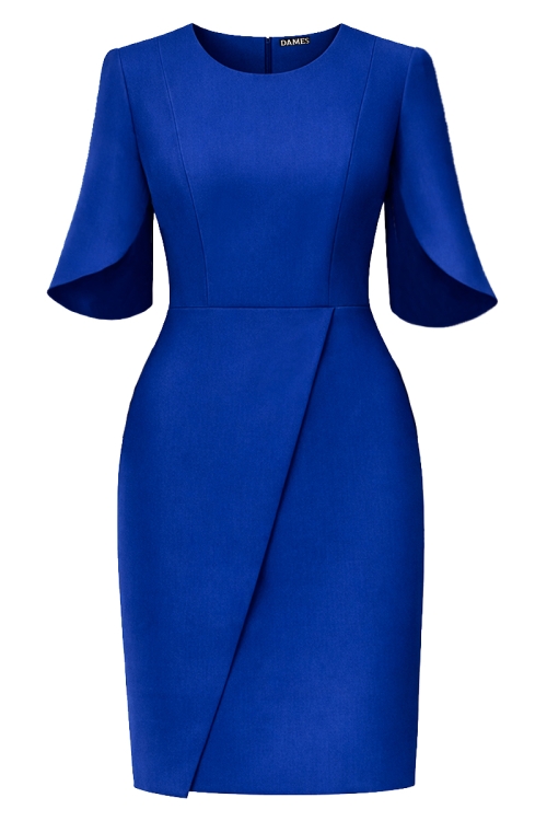 Rochie albastra eleganta cu maneci asimetrice si fusta tip lalea