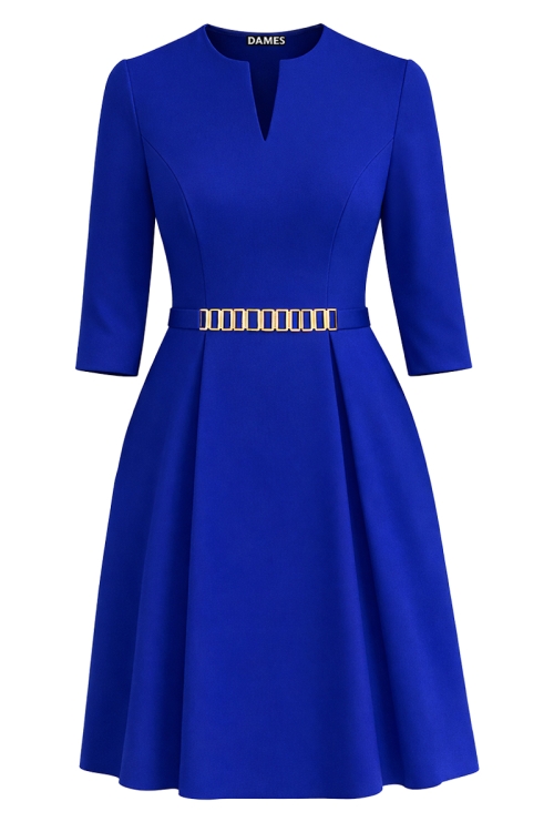 Rochie albastra eleganta cu pliuri in talie si accesoriu detasabil