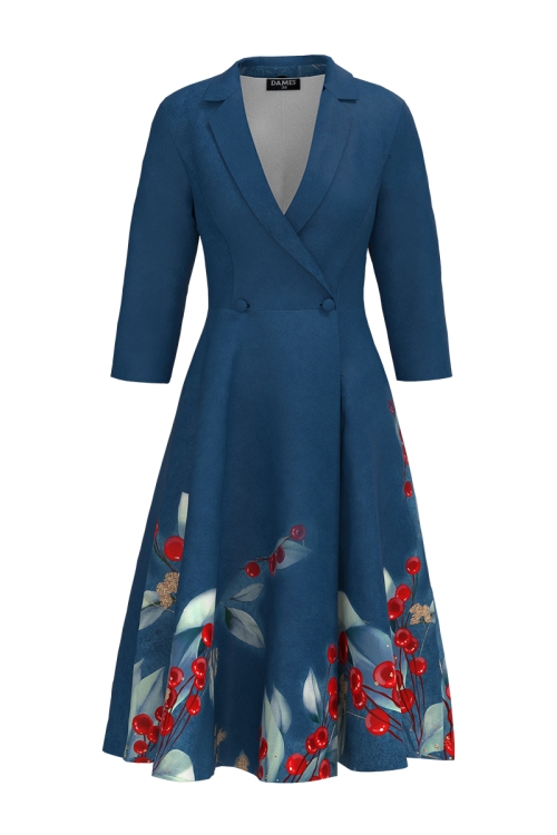 Rochie albastra tip pardesiu petrecuta cu imprimeu floral