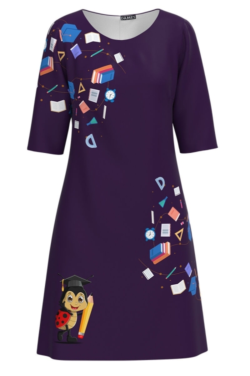 Rochie back to scool casual mov cu imprimeu Buburuza CMD3116 Stoc - Img 2