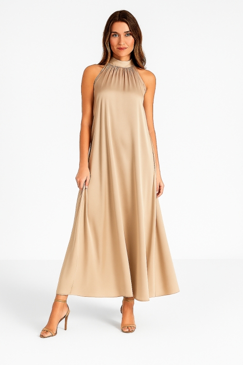 Rochie bej cappuccino lunga eleganta din vascoza satinata cu buzunare