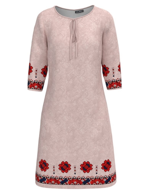 Rochie bej casual imprimata cu model traditional CMD2000