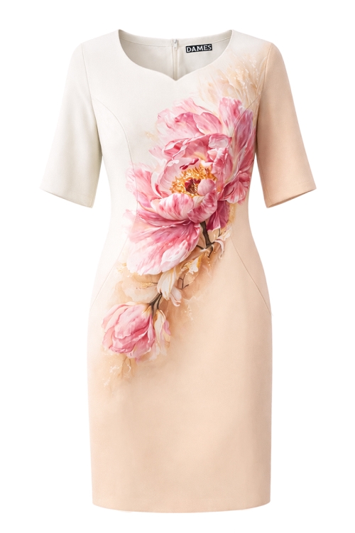Rochie bej conica cu decolteu inima imprimata floral