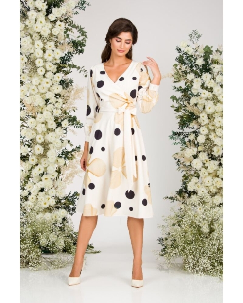 Rochie bej eleganta cu maneca lunga imprimata cu model Abstract CMD2937 - Img 3