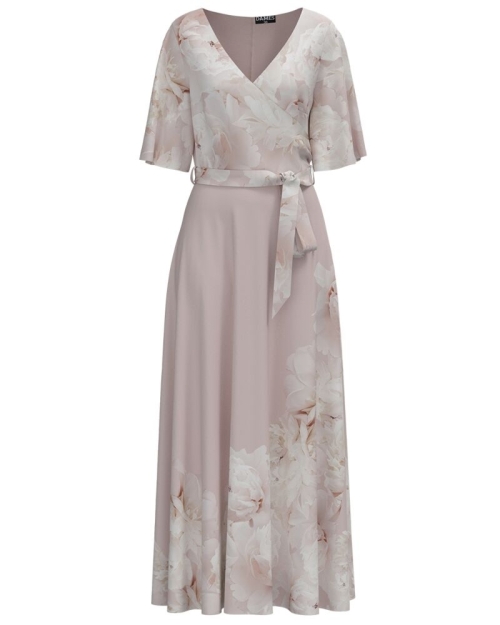 Rochie bej lunga eleganta de seara imprimata cu model floral Bujori CMD2582