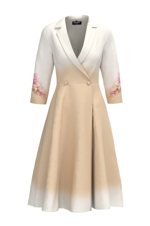 Rochie bej tip pardesiu petrecuta cu imprimeu floral