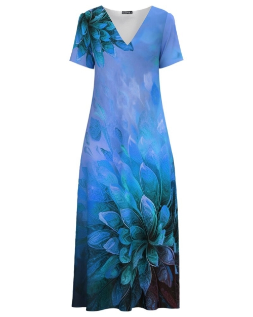 Rochie bleu lunga de vara cu buzunare imprimata Floral