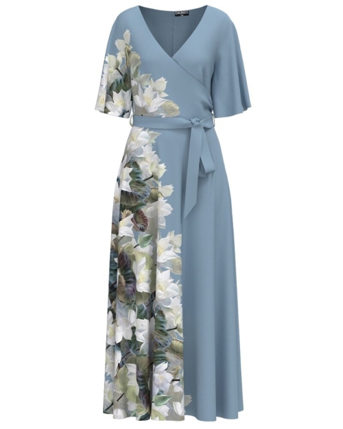 Rochie bleu lunga eleganta de seara imprimata cu model floral CMD2634 - Img 1