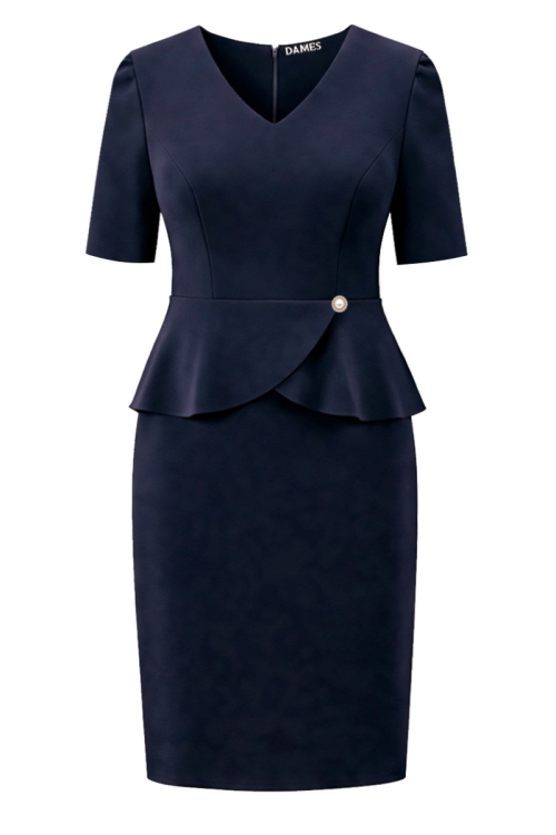 Rochie bleumarin conica cu decolteu in V si volane in talie