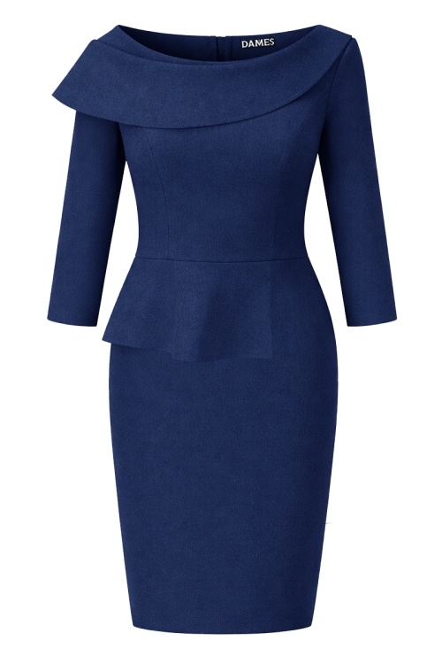 Rochie bleumarin conica din stofa fina Valeria
