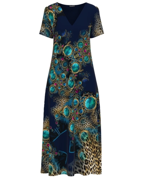 Rochie bleumarin de vara lunga cu buzunare imprimata cu accente turcoaz CMD2784