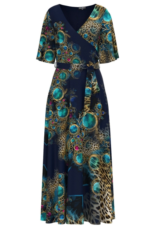 Rochie bleumarin lunga eleganta de seara imprimata cu accente turcoaz CMD2740