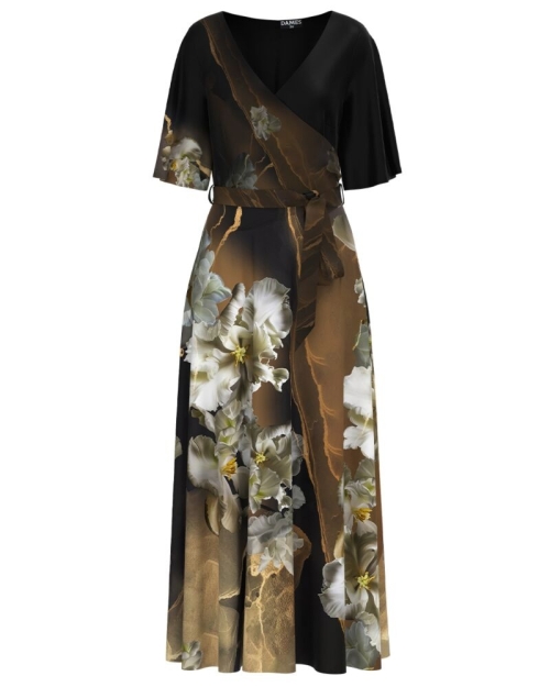 Rochie cafenie lunga eleganta de seara imprimata digital cu model Floral CMD1057 - Img 1