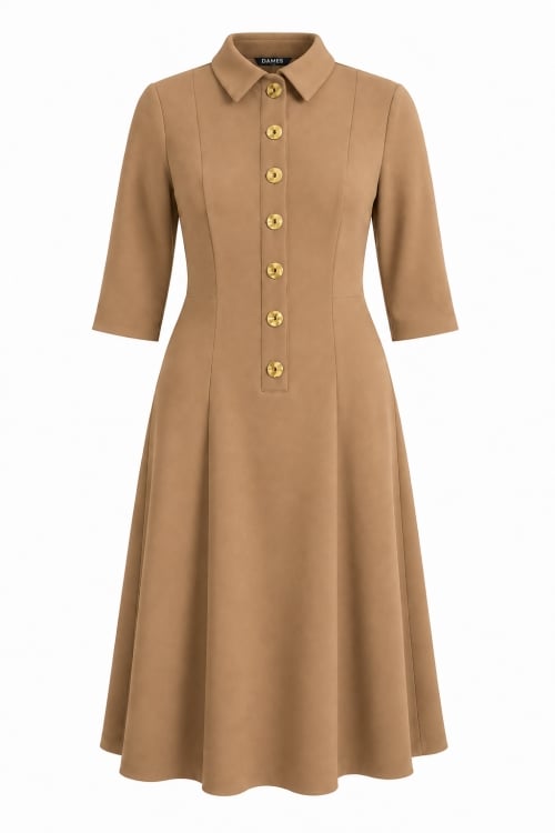 Rochie cappuccino in clini cu guler clasic si nasturi aurii
