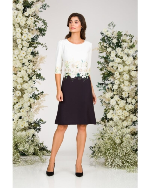Rochie casual alb negru imprimata cu model trandafiri CMD2995 - Img 3
