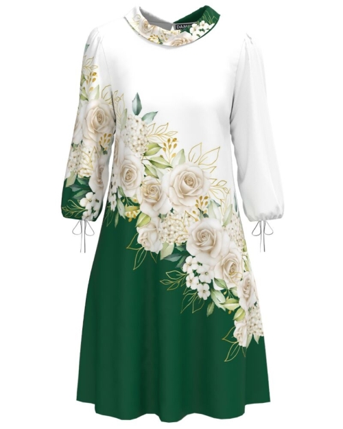 Rochie casual alb verde cu imprimeu trandafiri