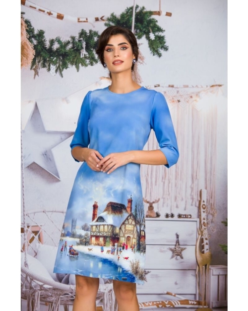 Rochie casual bleu imprimata Craciun CMD303 - Img 3