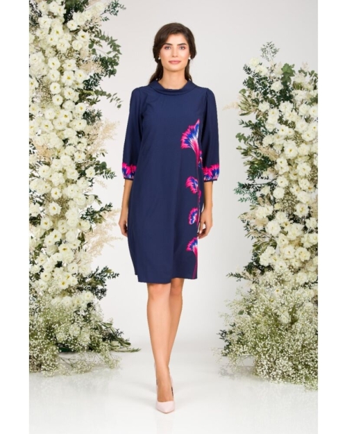 Rochie casual bleumarin cu maneca trei sferturi imprimata cu model floral CMD2671 - Img 4