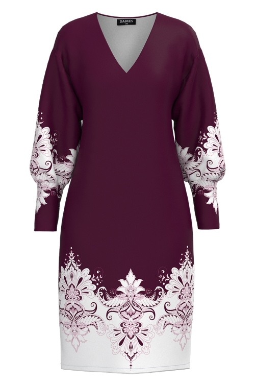 Rochie casual bordo din catifea cu imprimeu floral traditional