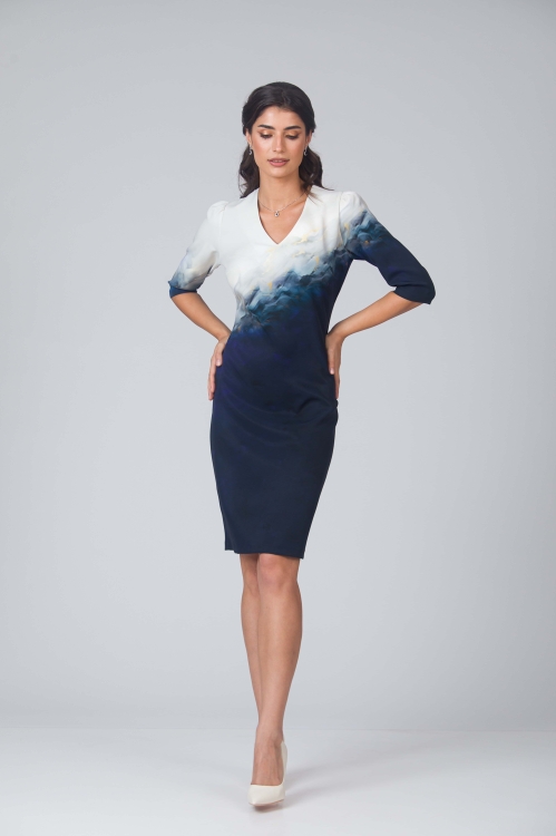 Rochie casual cu decolteu in V imprimata bleumarin in degrade - Img 3