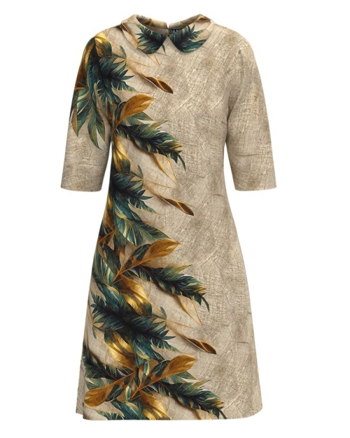 Rochie casual cu guler in nuante bej imprimata Tropical CMD3640