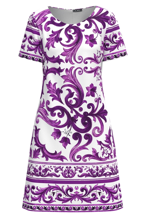Rochie casual de vara cu imprimeu floral oriental mov
