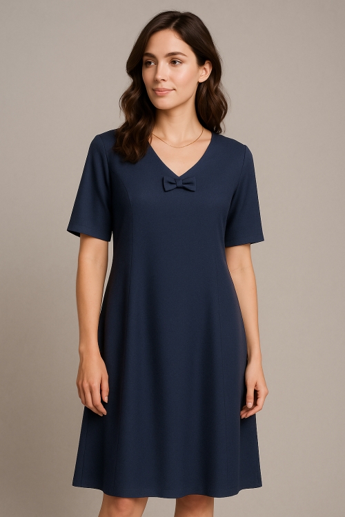 Rochie casual de vara din vascoza bleumarin cu decolteu in V si buzunare