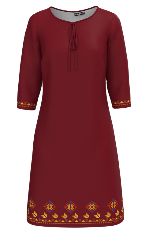 Rochie casual grena cu imprimeu traditional CMD1286