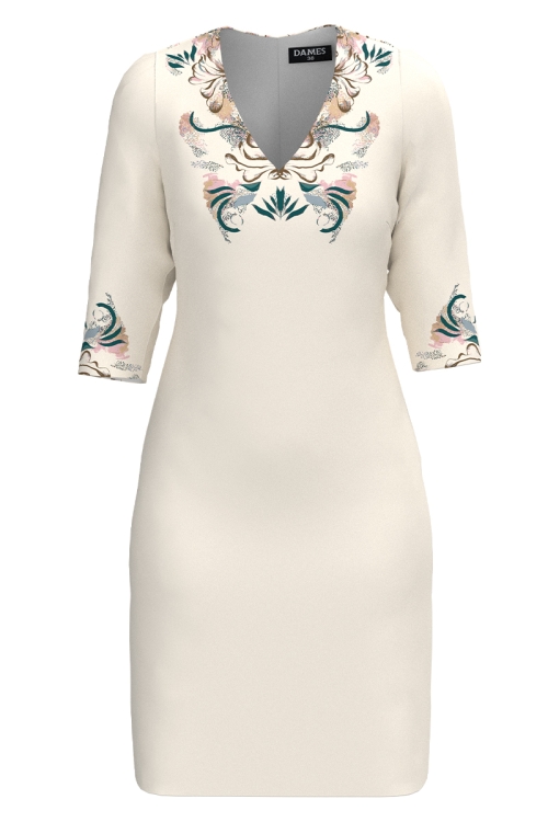 Rochie casual ivory cu decolteu in V imprimata floral