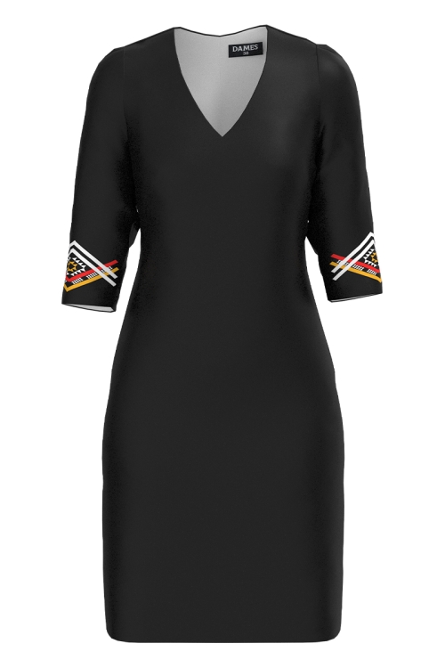 Rochie casual neagra cu decolteu in V imprimata traditional