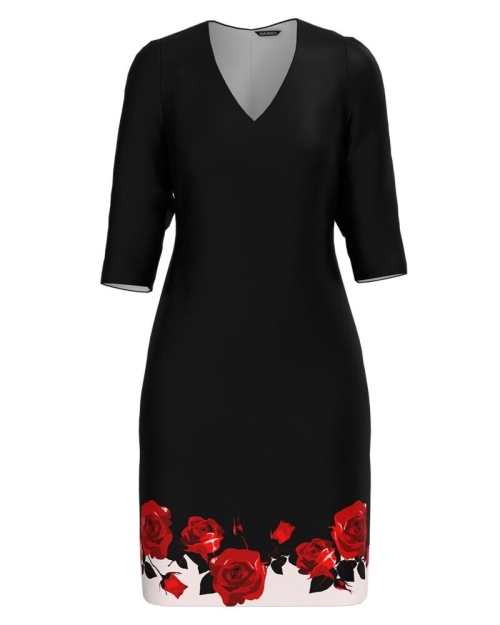 Rochie casual neagra cu decolteu in V imprimata trandafiri