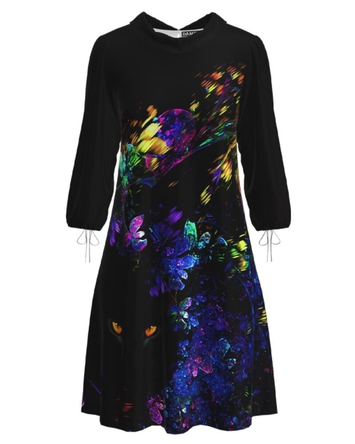 Rochie casual neagra cu maneca trei sferturi imprimata Pantera CMD2266