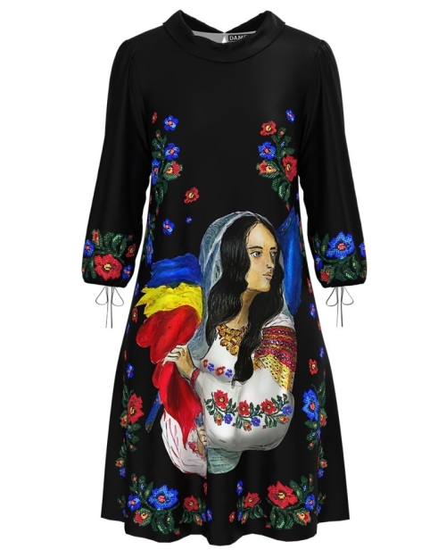 Rochie casual neagra cu maneca trei sferturi imprimata Romancuta CMD3756