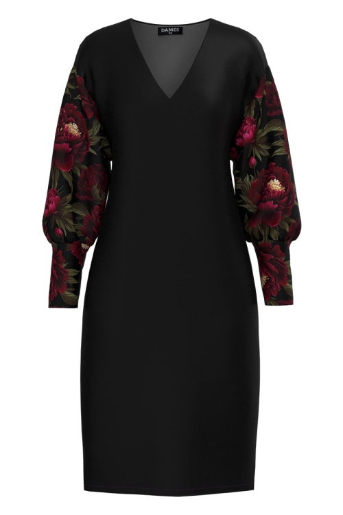 Rochie casual neagra din catifea imprimata bujori