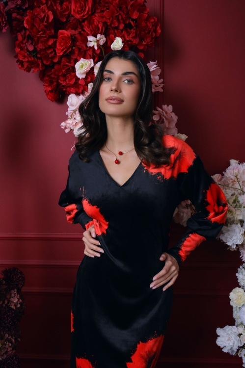 Rochie casual neagra din catifea imprimata Maci Stoc - Img 2