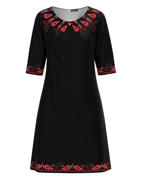 Rochie casual neagra imprimata cu model Etnic rosu CMD3051